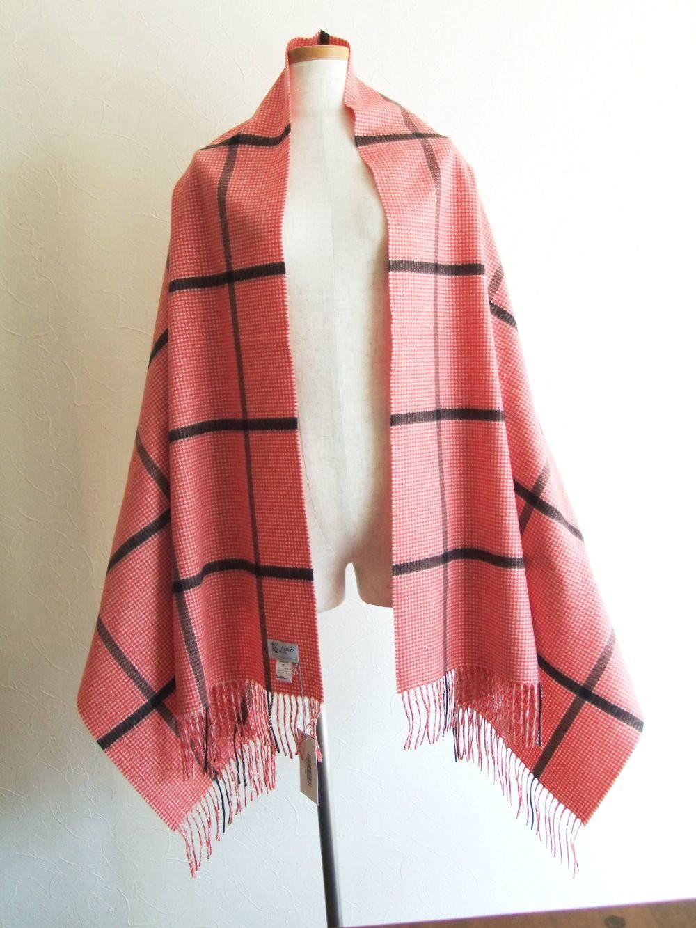 カシミヤ 大判ストール WA56 (レッド×ホワイト チェック) - フリーサイズ